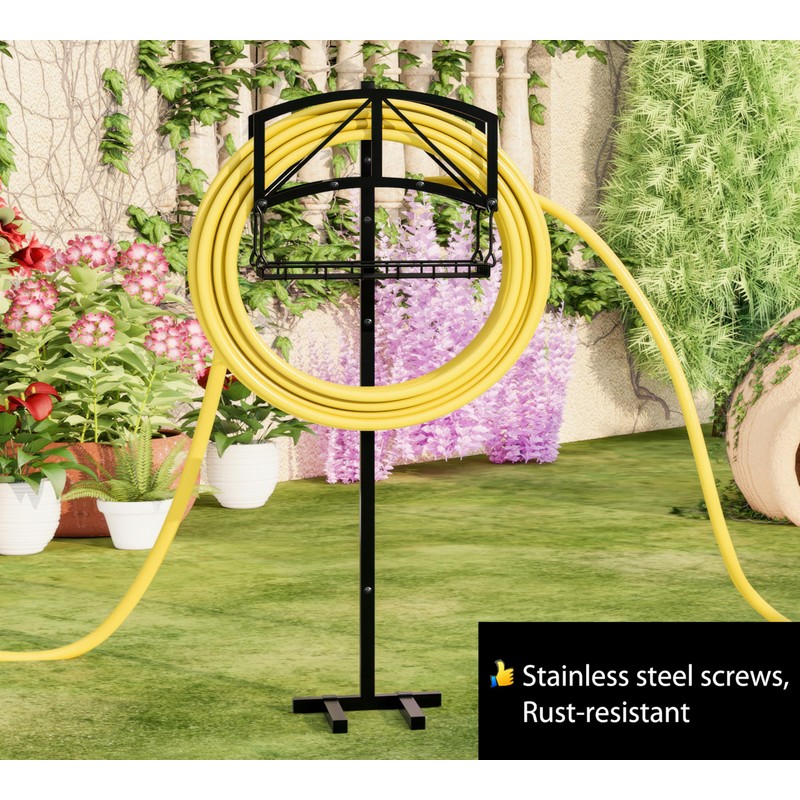 Fire Beauty Garden Hose Holder with Storage Basket,Heavy-Duty,80+lb Capacity,Rust-Proof Stainless