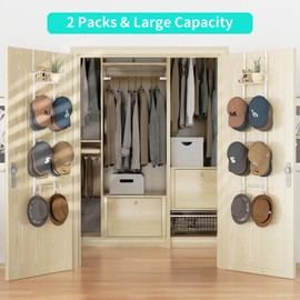 HapiRm Over Door Hat Rack - 2 Packs Wall Mounted Hat Holder with 6 Hooks and Metal Basket Design, Baseball Cap Organizer Storage Up to 32 Caps for Door, Bedroom, Closet, White