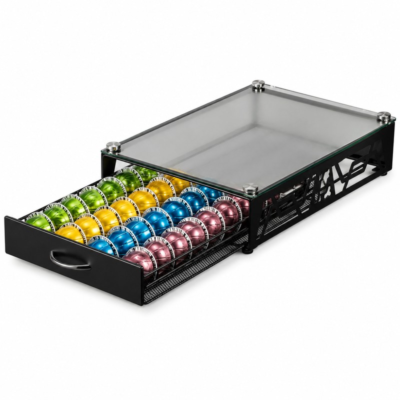 Coffee Pod Holder Drawer with Glass Top – Sleek Black