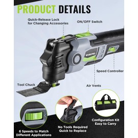WORKPRO 20V Oscillating Tool Kit, Cordless and Brushless 19,000 RPM Orbiting Multi Tool with 6 Variable Speeds, 3.6°Oscillation Angle, 21pcs Saw Accessories, 1 Rechargeable Battery and Carrying Bag