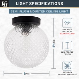 Kenroy Home Black Round Glass Prismatic Globe Semi Flush Mount Ceiling Light with Low Profile Design for Bedrooms, Hallways, and Entryways