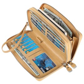 Lavemi Women's 100% Leather Double Zip Large Capacity RFID Blocking Phone Holder Clutch Travel Purse with Wrist Strap