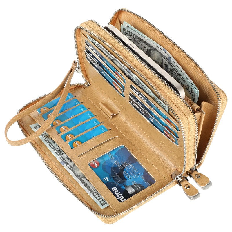 Lavemi Women's 100% Leather Double Zip Large Capacity RFID Blocking