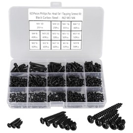 HanTof 625pcs M2 M3 M4 Phillips Pan Head Self-Tapping Wood Screws,14 Sizes Cross Recessed Round Head Self Tapper Screws Assortment Kit for Wood,Plastic and Soft Metal,Black Carbon Steel,Sharp Point