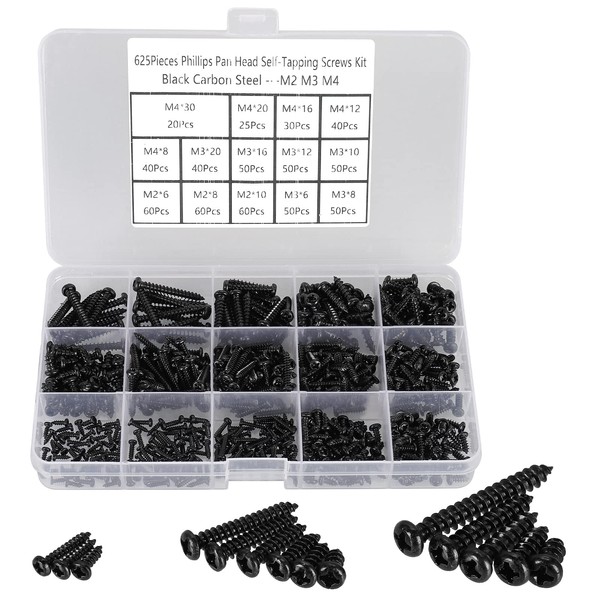 HanTof 625pcs M2 M3 M4 Phillips Pan Head Self-Tapping Wood