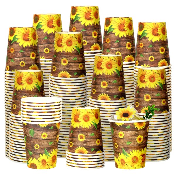 100 Pcs Sunflower Party Paper Cups Sunflower Birthday Party Supplies Disposable Paper Cups 8 oz Wood Grain Sunflower Cups Summer Party Picnics Barbecues Traveling Hot Cold Beverage Coffee Water Juice