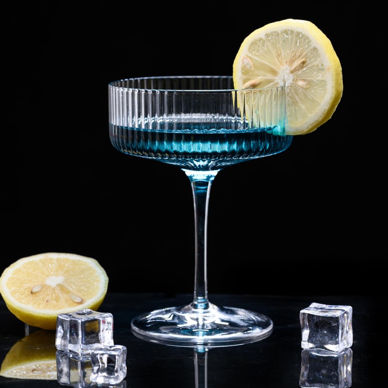2 Pcs Ribbed Coupe Cocktail Glasses, 10 oz Classic Hand