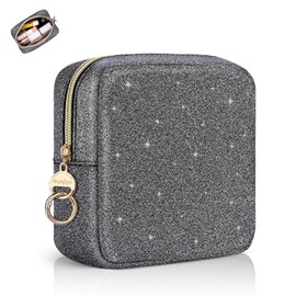Cosmetic Bag, Small Cosmetic Bag, Mini Make Up Bag, PU Leather, Glitter, Portable Travel Cosmetic Accessory Organiser, Multifunctional Purse, Toiletry Bag, Tying Storage for Women, black