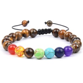 GelConnie Chakra Bracelet 8mm Natural Stone 7 Chakra Tiger Eye Bead Bracelet Adjustable Braided Reiki Healing Energy Bracelet Anti Anxiety Relax Bangle Meditation Balance Yoga Bracelet for Women Men