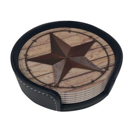 6 Pcs Western Metal Texas Brown Star Leather Coasters for Drinks with Holder Coaster Sets Drink Table Cup Coasters for Living Room Kitchen Coffee Decor