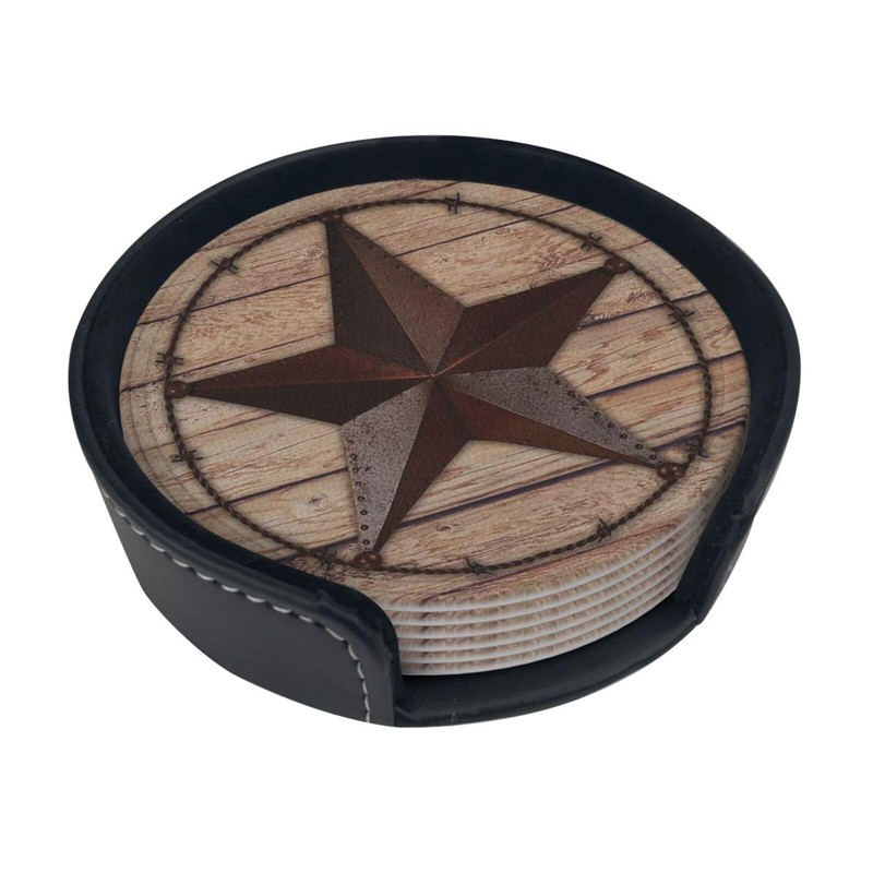 6 Pcs Western Metal Texas Brown Star Leather Coasters for