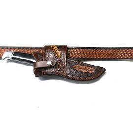 Carl Thomas Leathers Handcrafted Leather Knife Sheath, Brown, Cross-Draw Design, Feather. Pattern Tooling, Fixed Blade Holder for Buck 119, Traditional Style, Right Hand Carry, 9x4x1.25 Inch