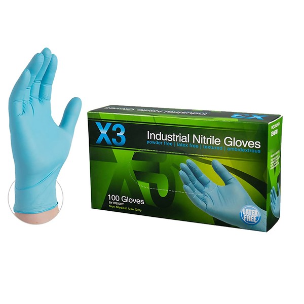 X3 Industrial Blue Nitrile Gloves, Box of 100, 3 Mil, Size Medium, Latex Free, Powder Free, Textured, Disposable, Non-Sterile, Food Safe, X344100BX