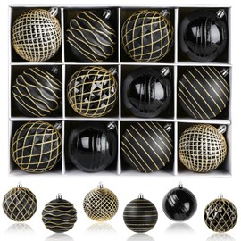 SHareconn 80mm Christmas Baubles,12PCS Colored Shatterproof Plastic Decorative Hanging Tree Decorations Baubles Set for Xmas Tree Decor Holiday Party Wedding Decoration with lanyard, Black & Gold