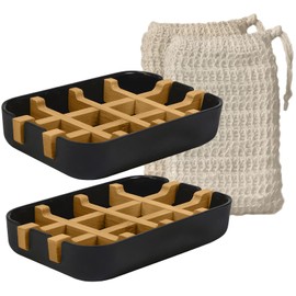 EDARTO 2 x Sustainable Eco Friendly Natural Bamboo Wood Soap Dish with Bamboo Fibre Draining Tray + 2 x Soap Bags / 100% Natural Sisal for Body Scrub