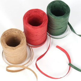 Raffia Ribbon, 3 Rolls 300 Meters Red Green Natural Christmas Ribbon for Gift Wrapping, Craft Paper Twine for Gifts, Pastry Boxes, Holiday Decor, Crafting (100 Meters/Roll)