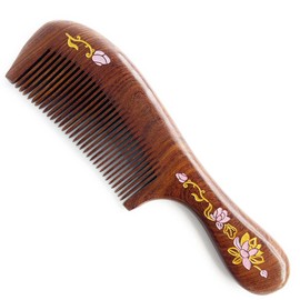 Sitronugras Wooden Comb Natural Handmade Comb, Fine Tooth Sandalwood Comb for Wavy hair,Thick hair, Thin hair, Straight hair, No Static No Snag Reduce Tangle Combs for Men Women Kids,Wooden Hair Comb with Handle (Water Lilies Hand-drawn Pink)