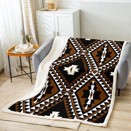 Rustic Western Queen 90"X90" Throw Blanket For Men,Southwestern Aztec Fleece Blanket Bohemian Plush Bed Blanket Ethnic Mexican Geometric Diamond Flannel Blanket Brown Black White Farmhouse Room Decor