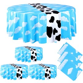 Oudain 6 Pieces Blue Sky White Clouds Party Tablecloth 84'' Cartoon Story Tablecloth Airplane Table Cover for Baby Kids Boy Girl Shower Birthday Rainbow Theme Party Decorations Supplies (Cow)