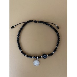 Pulsera Ojo Turco y Medalla de San Benito de Plata. Ajustable, plata 925 certificada y cristales negros. Ojo protector (NEGRO). Pulseras mujer o pulseras hombre. Joyería. Regalos para Mujer o Regalos para Hombre, de Cumpleaños, Día de San Valentín, Anive