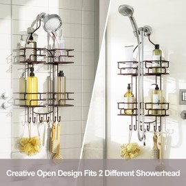 SRIWATANA Shower Caddy Organizer Hanging Over Head, Bathroom Shower Rack Hanger with Hooks for Razors - Bronze