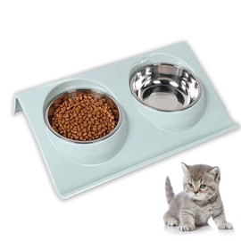 Double Cat Bowls, Stainless Steel Non-Slip Cat Bowl, 15° Tilt, Double Feeding Bowl, for Pets, Cats and Small or Medium Dogs (Green)