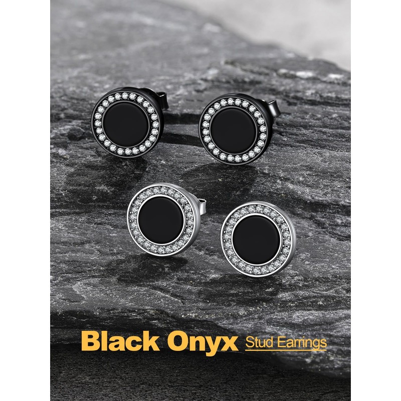 U7 Black Onyx Mens Earrings 925 Sterling Silver Round Black