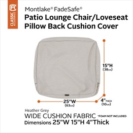 Classic Accessories 60-555-011001-RT Montlake FadeSafe Water-Resistant Patio Lounge Back, 25 x 15 x 4 Inch, Heather Grey Cushion Cover, 25" W x 15" H x 4" Thick