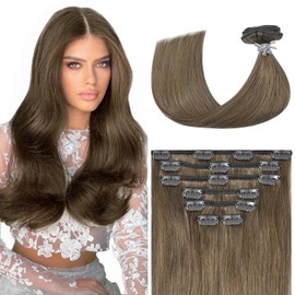 Aison Ash Brown Hair Extensions Real Human Hair Clip ins 70G Remy Human Hair Soft Silky Straight for Fashion Women 7pcs 16clips One Pack (15 Inch #8)