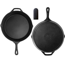 Backcountry Cast Iron Skillet(10 Inch Medium Frying Pan + Cloth Handle Mitt, Pre-Seasoned for Non-Stick Like Surface, Cookware Oven / Broiler / Grill Safe, Kitchen Deep Fryer, Restaurant Chef Quality)