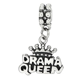 LGU Sterling Silver Oxidized Flat Drama Queen with Crown Dangle Bead Charm