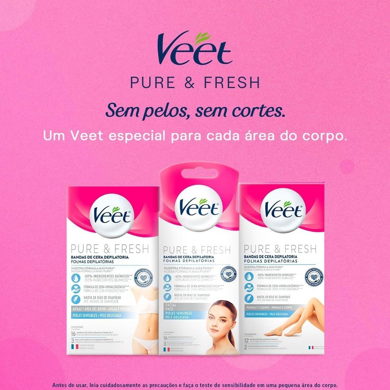Veet Pure & Fresh, Bandas de Cera Depilatoria, Rostro, Piel