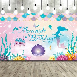 Under The Sea Mermaid Birthday Party Backdrop Girl Princess Mermaid Scales Birthday Photo Booth Backdrop Purple Blue Mermaid Pearl Whale Background Banner for Birthday Party Decor, 72.8 x 43.3 Inch
