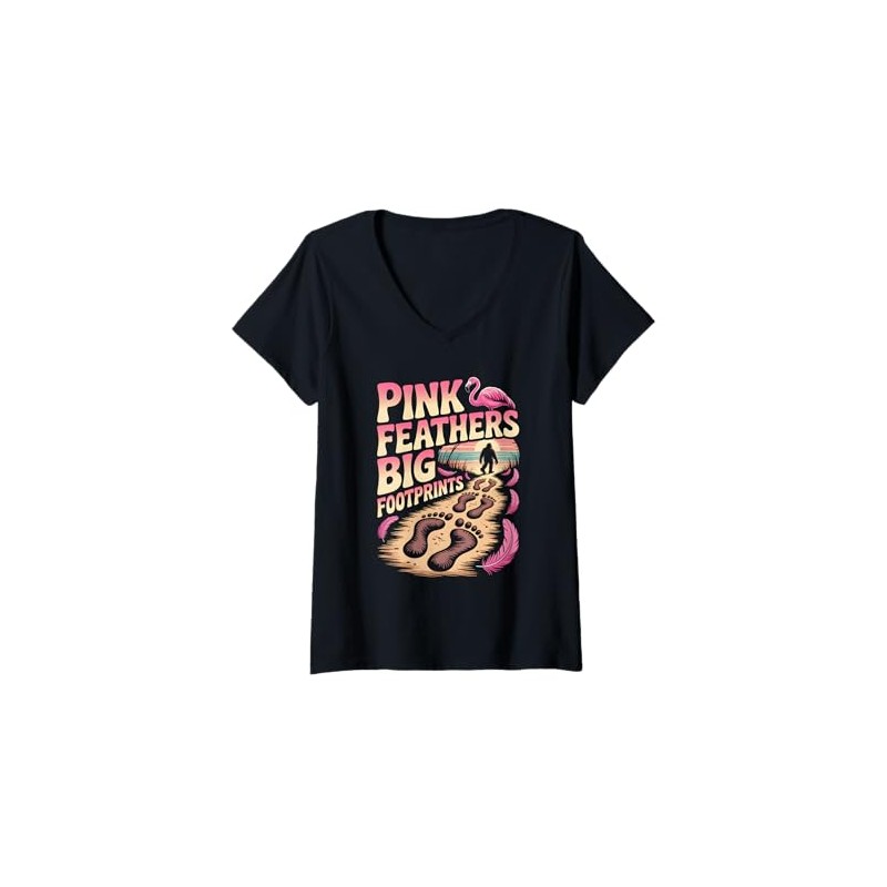 Womens Pink Feathers Big Footprints Funny Flamingo Sasquatch Summer V-Neck