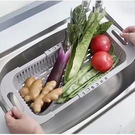 Extendable Over the Sink Colander Fruits and Vegetables Drain Basket Adjustable Strainer Sink Washing Basket for Kitchen (Grey)