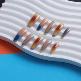 Melines 24pcs Colorful Sunset Long Square Press On Nails, Reusable Nail Kit with Nail Adhesive Tabs Mini Nail File, 12 Sizes (Sunset)