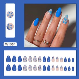 30Pcs Flower Press on Nails Almond Short Fake Nails Small Flowers Designs Full Cover Glue on Nails Blue Glossy Acrylic False Nails Reusable Stick on Nails for Women Blue Flower Manicure Decoration