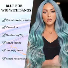 Fulang Hair Long Wave Blue Wigs for Women Long Curly Wigs with Bangs Synthetic Hair Heat Resistant Wig for Daily Party Cosplay Use