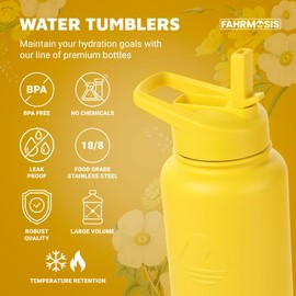 FAHRMOSIS 40 OZ Water Bottle with Straw | Insulated Water Bottle Water Jug Includes 3 Lids Water Bottles | Stainless Steel Water Bottle for Men & Women - Yellow