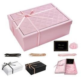 FICOFISE Gift Box with Lid, 25 x 18 x 8.5 cm, Gift Box, Birthday Gift Box, Foldable Gift Box with Bows, Greeting Cards, Raffia, for Weddings, Christmas, Anniversary (Pink)