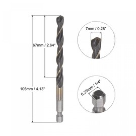 sourcing map 5 Pcs High Speed Steel Hex Shank Twist Drill Bit, 7mm Drilling Dia with 1/4 Inch Hex Shank 105mm Length