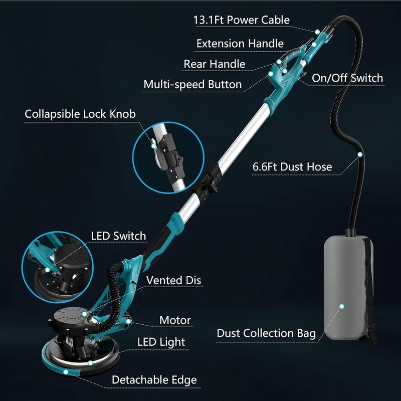 Drywall Sander, 1250W 11.5-Amp Electric Drywall Sander with Vacuum, Popcorn