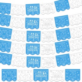 Mindsoft 6 Pack 98.43 ft Baby Shower Papel Picado Mexican Banner Cielito Lindo Party Plastic Fiesta Banner Talavera Theme Decorations for Baby Shower Party Hanging(Blue and White)