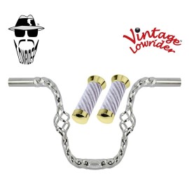 Vintage Lowirder Vtg Lowrider 9" Handlebar Cage Square Twisted 25.4mm Chrome, Velour Swirl Grips