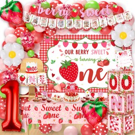 ZDHOOKAN Berry First Birthday Decor Strawberry 1st Birthday Party Decorations for Girls Backdrop Balloons Arch Box High Chair Banner Bday Party Idea for Baby Girls