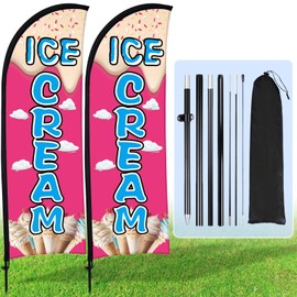 Buryeah 2 Sets Ice Cream Feather Flag Kit 8ft Ice Cream Swooper Flag Advertising Feather Banner with Pole Kit and Ground Stake Portable Bag Advertising Sign for Business Outside(Pink)