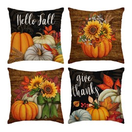 Set of 4 Fall Pillow Covers 16x16 Inch Thanksgiving Pumpkins Throw Pillows Covers Autumn Harvest Sunflower Decorative Cushion Covers Outdoor Sofa Couch Pillow Cases Fall Decorations (16 by 16)
