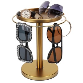 kondyfayo 360° Rotating Sunglass Organizer Storage, Stainless Steel Glasses Holder Stand, Glasses Organizer with Tray for Desk, Dresser, Tabletop, Nightstand and Home Decor (Gold)