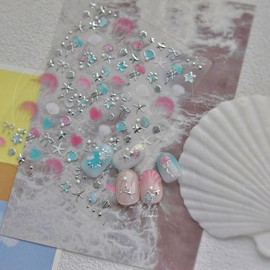 Summer Nail Art Stickers, 5D Embossed Ocean Nail Decals Silver Seashell Starfish Nail Stickers Jellyfish Heart Bow Pearl Nails Design Beach Nail Accessories for Women DIY Manicure Decoration 1 Sheet