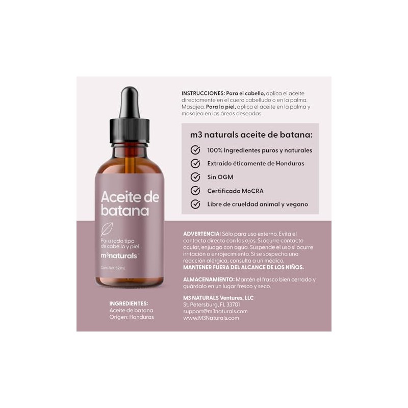 M3 Naturals Aceite de Batana Puro para Cabello y Piel,